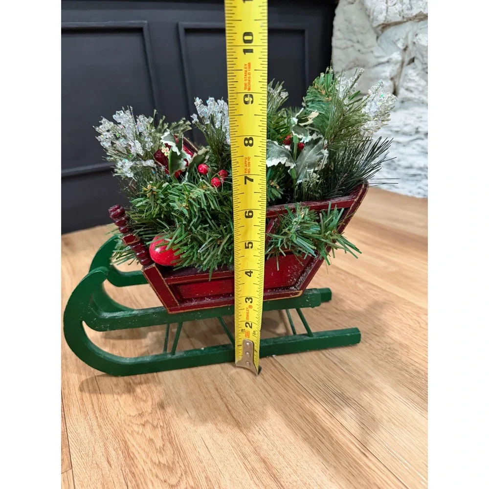 Vintage Christmas Wood Sleigh Centerpiece Red Green Floral Arrangement Decor